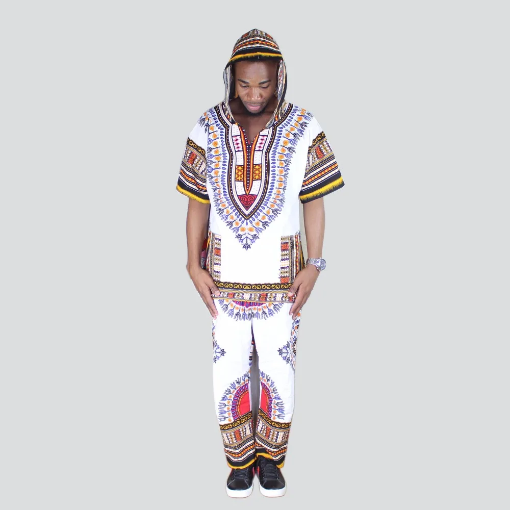 Unisex White Dashiki Set Top Hippie Blouse Hoodies and Pants Set with Pockets