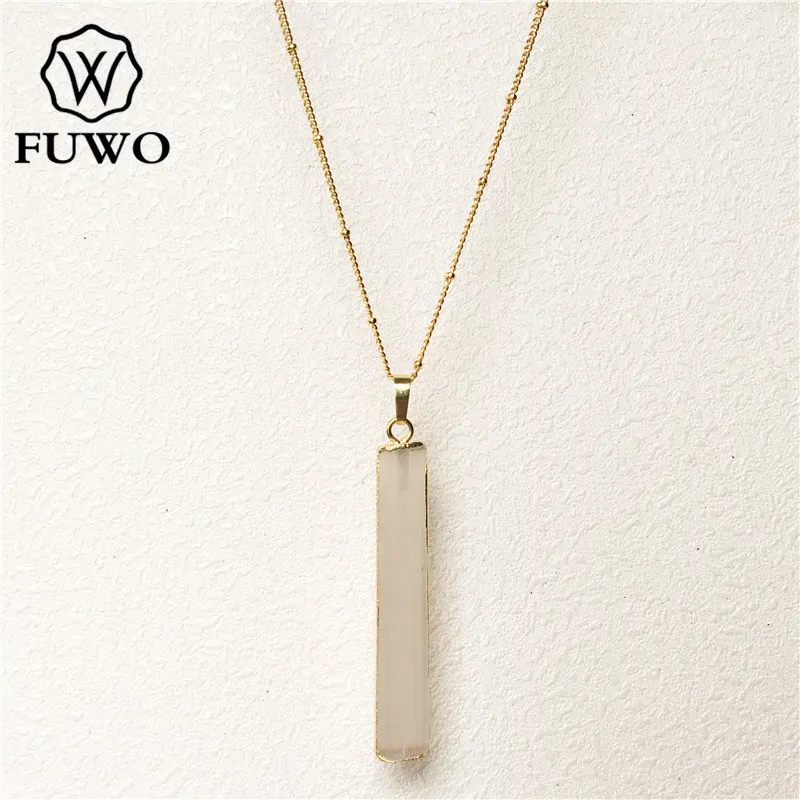 

FUWO Natural Selenite Bar Necklaces With Golden Trimmed Edge High Quality Brass Chain Crystal Blade Jewelry Wholesale NC024