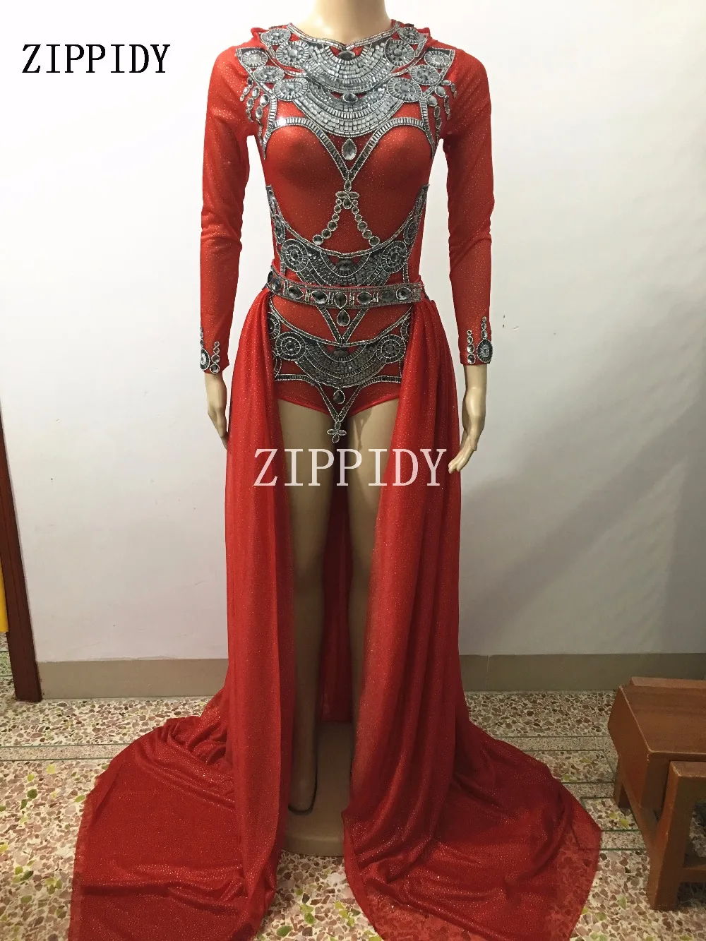 Bright Rhinestones Red Backless Bodysuit Big Tail Stage Show Outfit Set Female Singer Nightclub Prom Celebrate Luxurious Costume