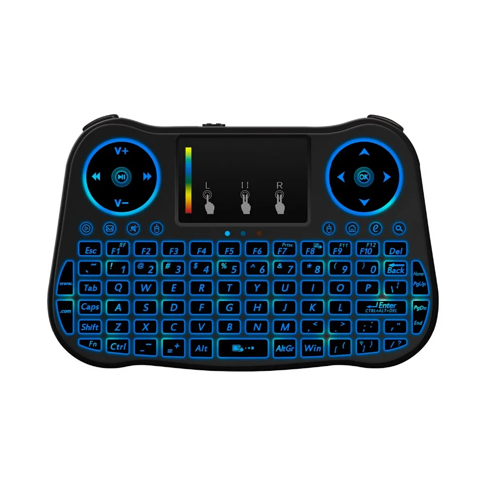 Mt08 arco-íris retroiluminado mini teclado sem fio touchpad 2.4ghz air mouse para caixa de tv inteligente computador inglês russo espanhol