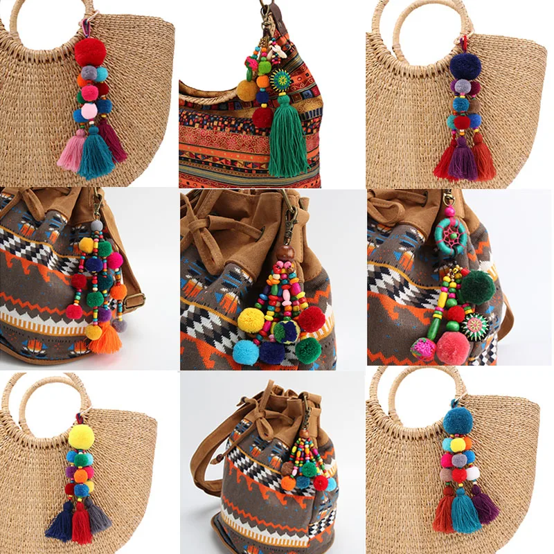 RE Charms bag handmade diy pompom keychain tassel trinket pompon key chain auto key accessories women\'s car keyrings gift D30