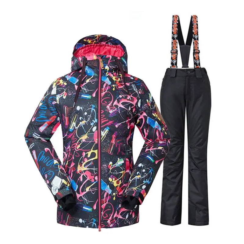 Ski Jacket and Strap Snow Pant Set for Women, Windproof Costume, Snowboarding Wear, Waterproof, High Quality, GS, 10K