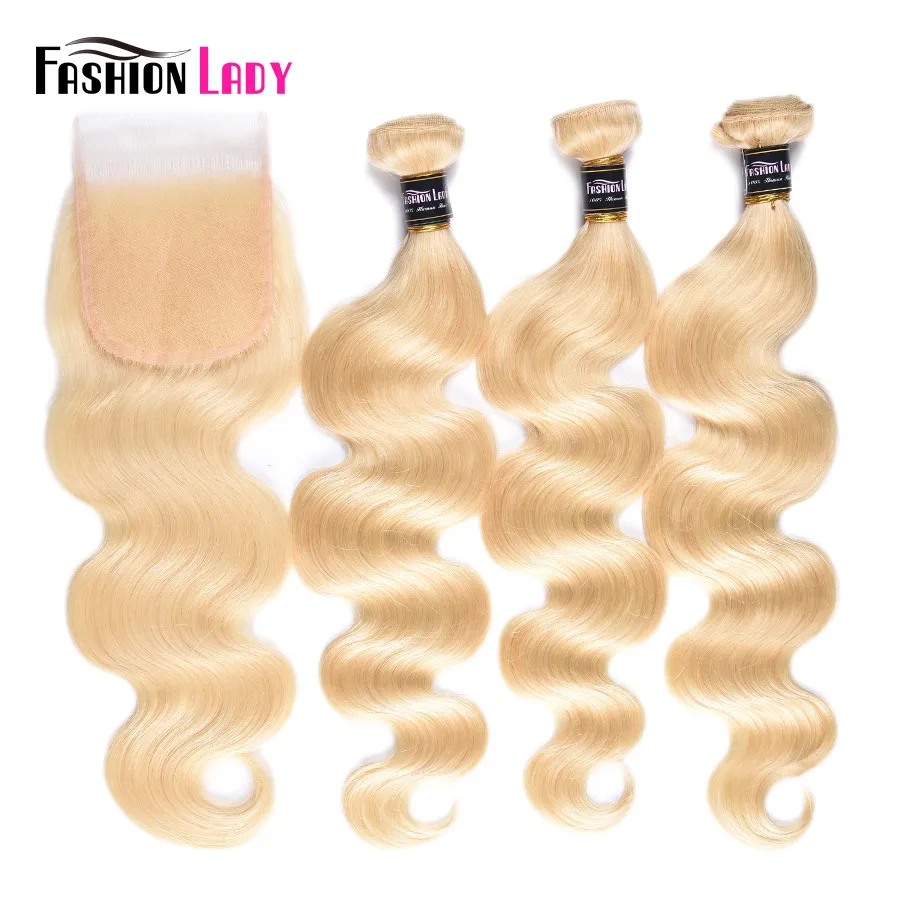 Fashion Lady – mèches Body Wave brésiliennes 100% naturelles, blond platine, avec Lace Closure, partie libre, lots de 3