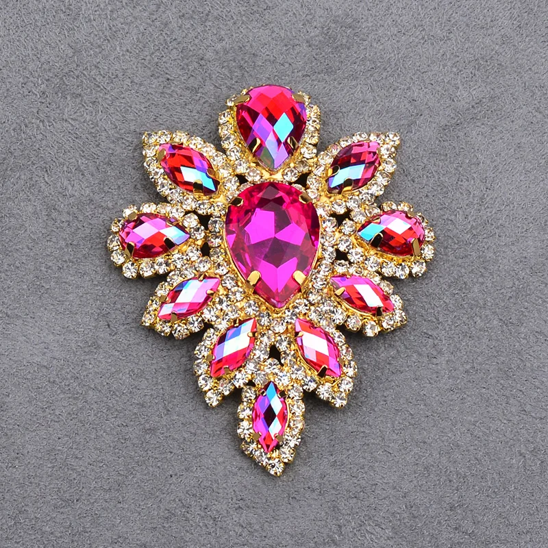 JUNAO 2pcs 45*59mm Sewing Green AB Crystals Flowers Glass Rhinestones Dress Applique Claw Crystal Stones For DIY Shoes Crafts