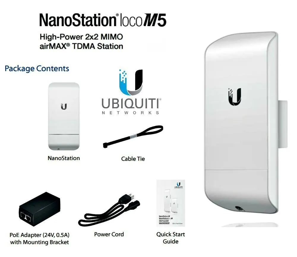 UBIQUITI LocoM5 UBNT NanoStation Loco M5 5GHz, Outdoor Wireless Network Bridge AirMax 13dBi, Wi-Fi CPE Within 2 KM, 1 Piece