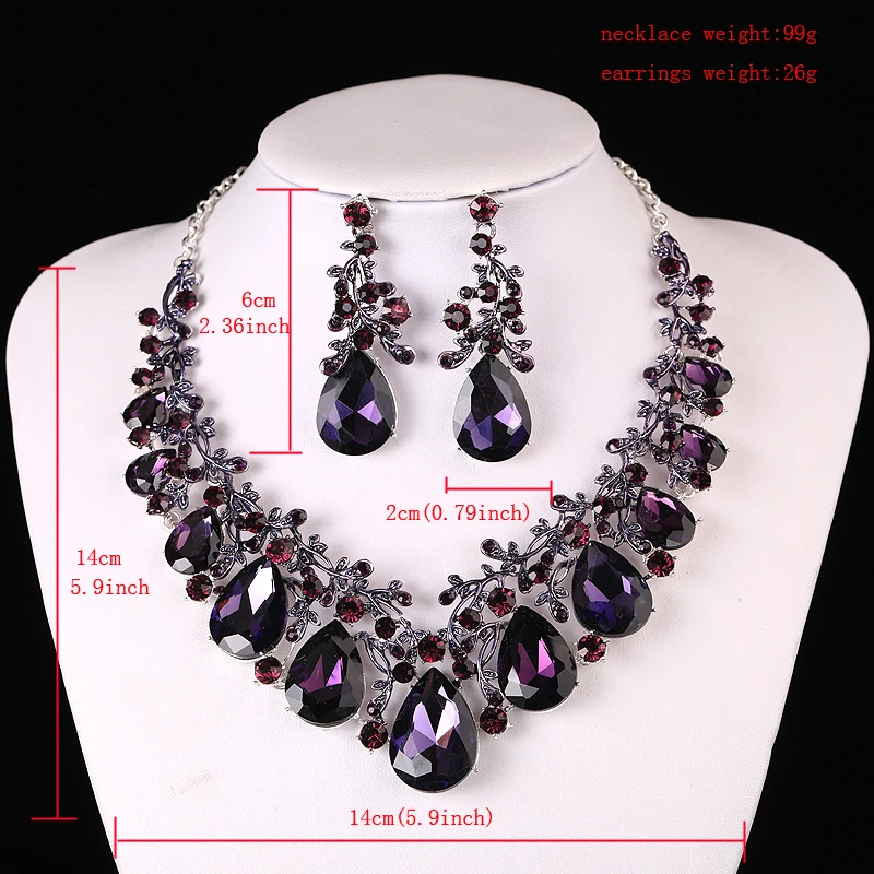 Bridal Party Wedding Jewelry Sets Statement Purple Delicate Crystal Rhinestones Necklace Earrings set Waterdrop Dress Accessorie