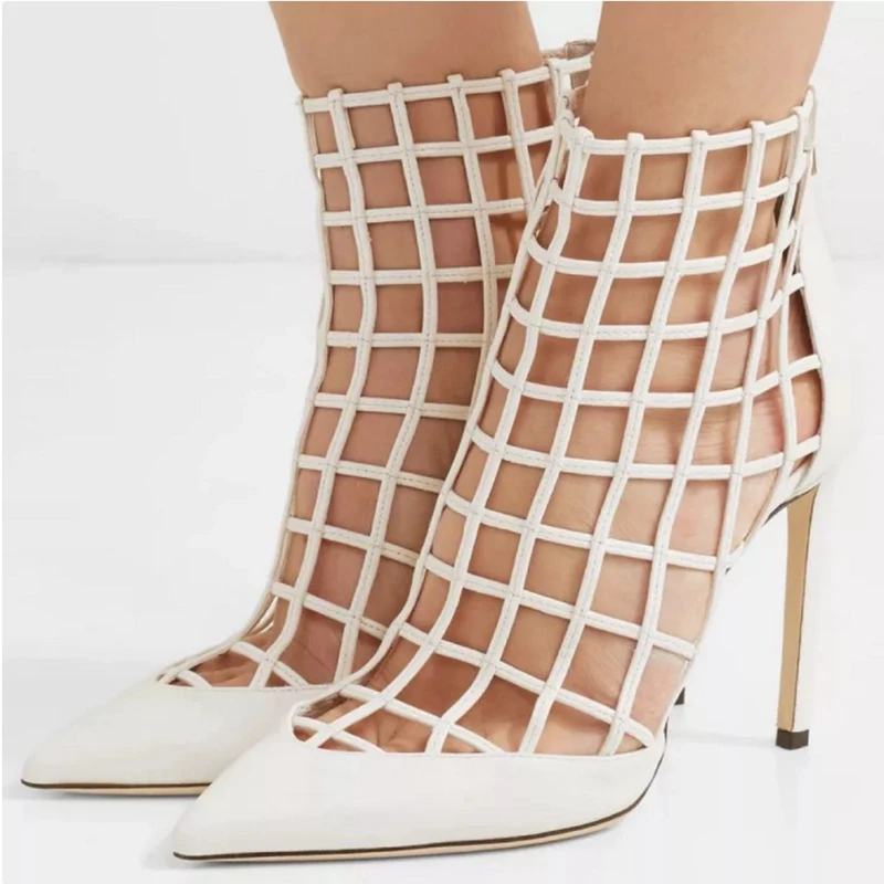 White Red Ankle Boots Pointy Toe Stiletto Heels 2019 Summer New Cut Out Caged Design Gladiator Summer Booties Women Sandals