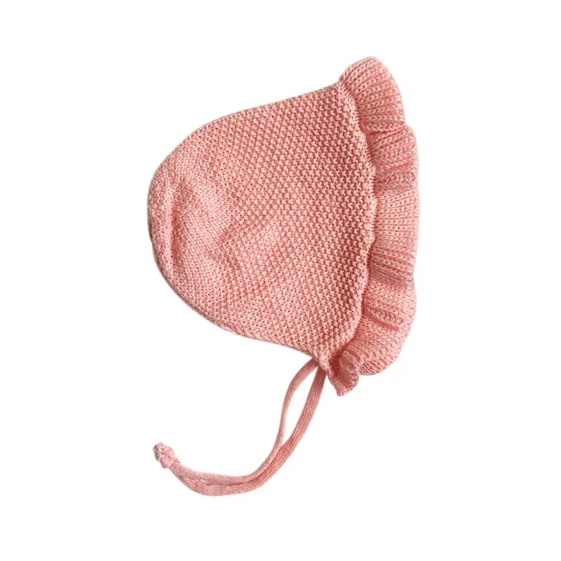 Spring Newborn Baby Hats Handmade Wool Ear Knitting Hats Monolayer Lotus Leaf Yarn Warmer Caps Kids Hats New Unisex