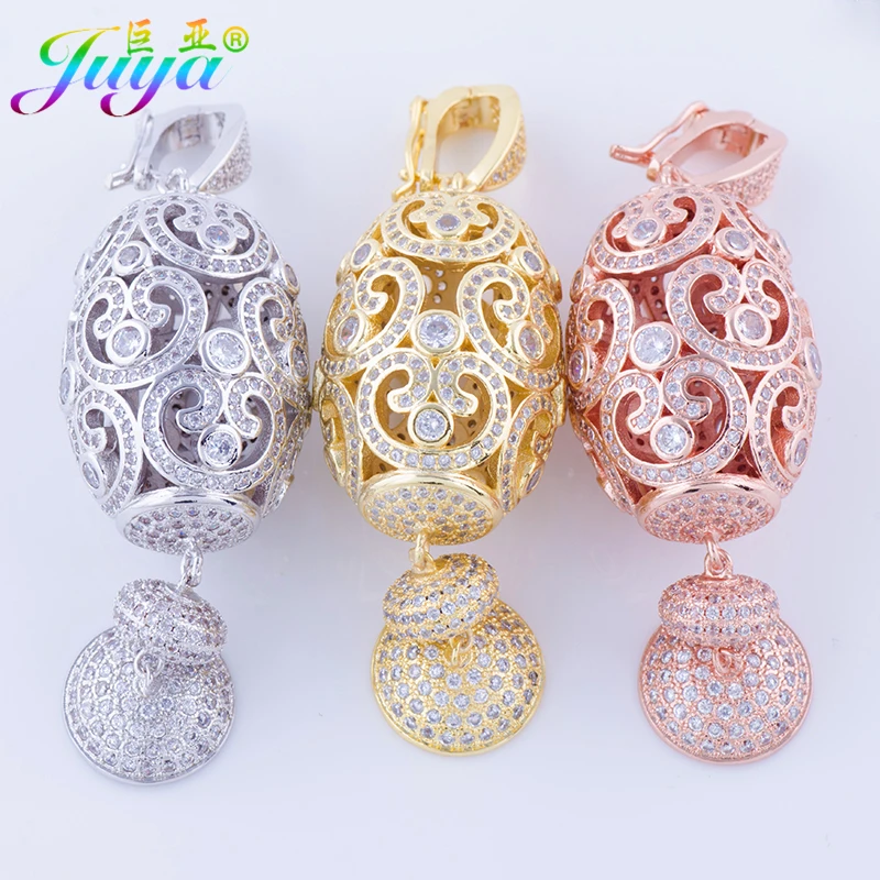 Juya DIY Cubic Zirconia Hollow Heart Pattern Connector Pendant Accessories For Women Pearls Tassels Needlework Jewelry Making