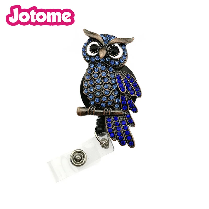 

Light Blue Rhinestones Little Owl Hoot Bird Branch Brooch Pin Nurse retractable ID card badge Reel