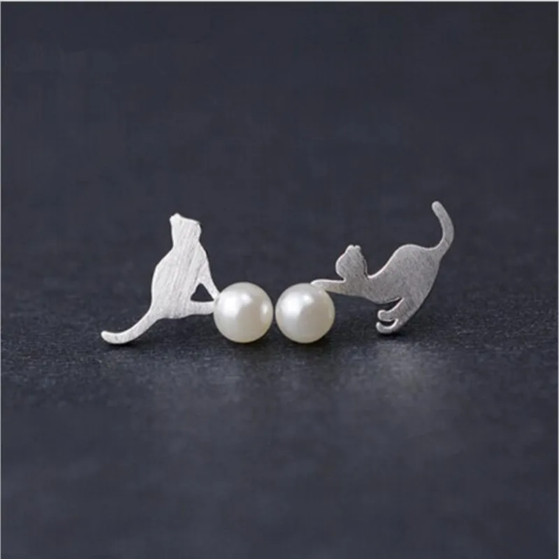 Hot Beautiful Distinguished Noble 925 Sterling Silver Jewelry Cute Animal  Pearl Cat Female Earrings   E077