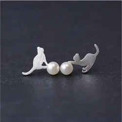 Hot Beautiful Distinguished Noble 925 Sterling Silver Jewelry Cute Animal  Pearl Cat Female Earrings   E077