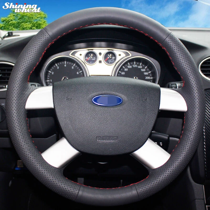 

Shining wheat Hand-stitched Black Leather Car Steering Wheel Cover for Ford Kuga 2008 -2011 Focus 2 Focus CC Focus C-Max