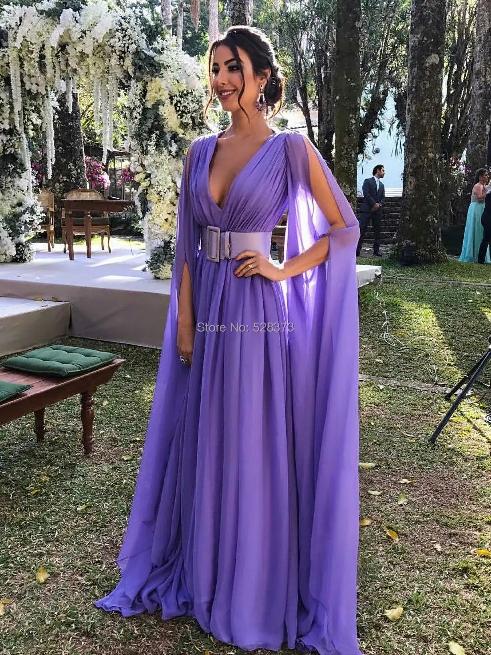 YNQNFS IED17 A-line Chiffon V Neck Purple Kaftan Evening Party Dress Gowns Cloak Cape Long Sleeves