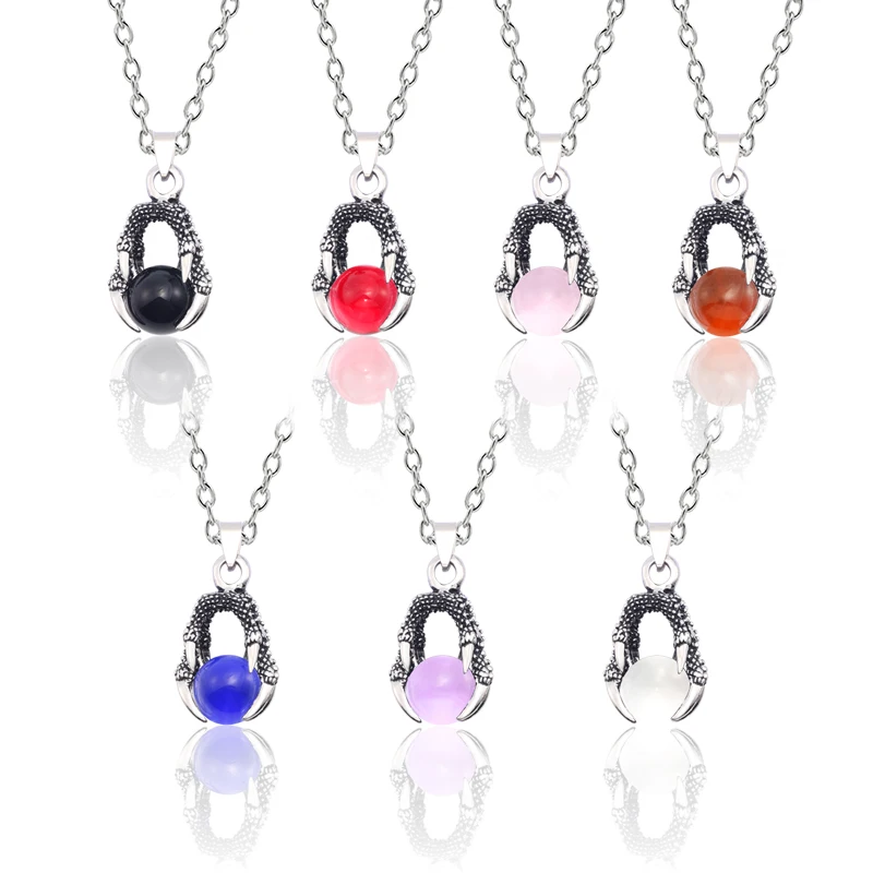 Punk Retro Dragon Claw Necklace For Women Ancient Paw Pendant Men And Women Seven Color Crystal Ball Dragon Claw Necklace