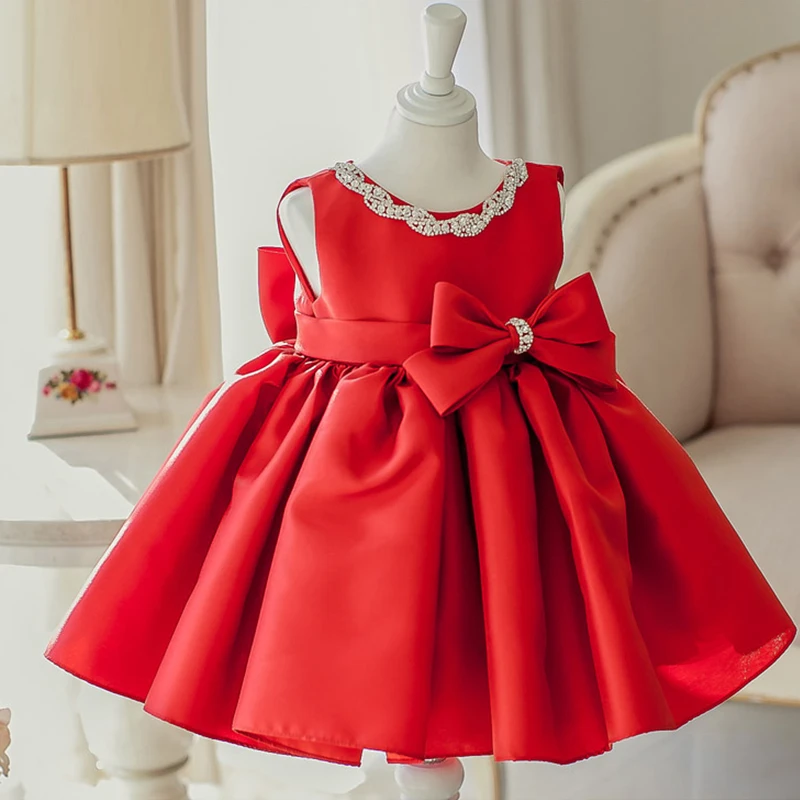 

Elegant Girl Dress Fashion Red Satin Sequin Bow Sleeveless Party Tulle Flower Princess Wedding Dresses Birthday Ball Gown