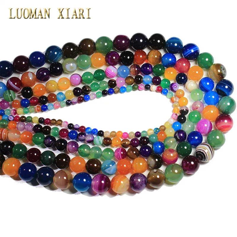 Wholesale Natural Colorful Stripes Agates  Stone Beads For Jewelry Making DIY Bracelet Necklace 4/6/8/10/12 mm Strand 15\'\'