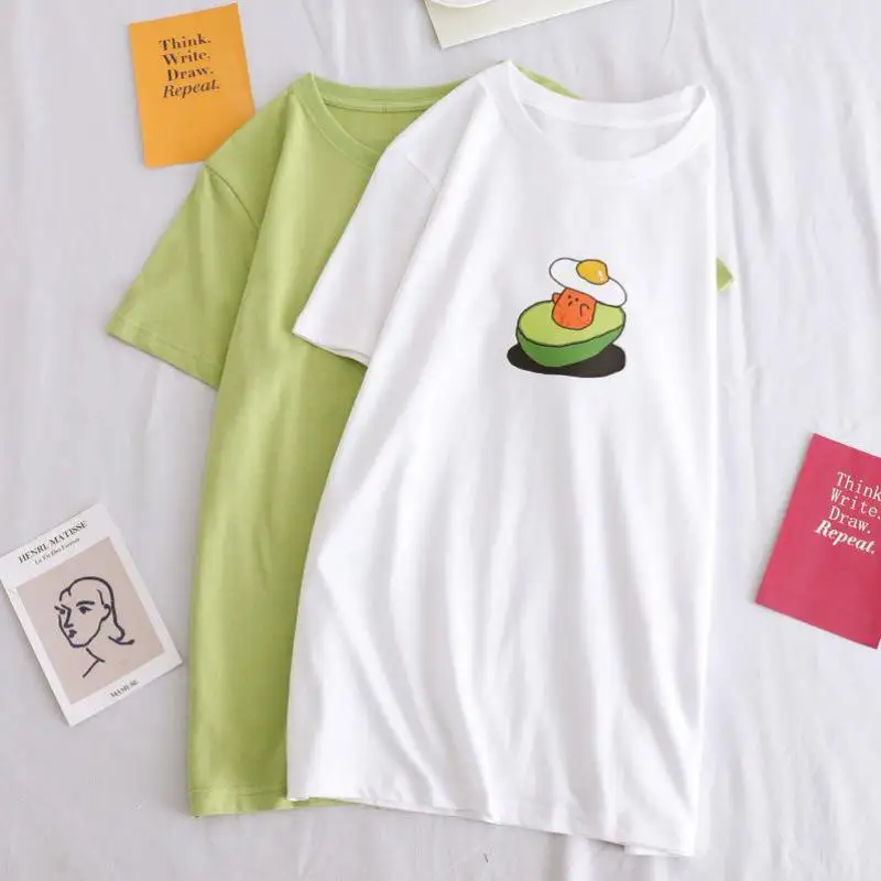 Zuolunouba Casual Summer White Tees Tops Girl Loose Short Sleeve Egg Avocado Print Harajuku Cartoon Women T-shirts