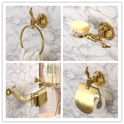 

Luxury gold 4-Piece Bathroom Hardware Accessory Set brass golden Towel rack paper holder Towel ring Soap dish