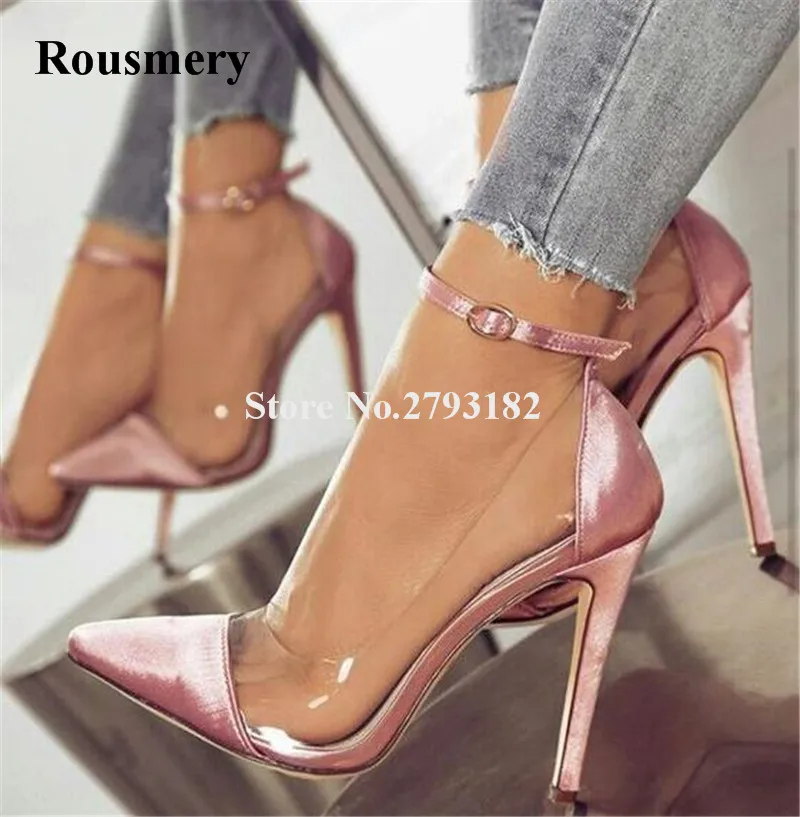 

Rousmery Beautiful Women Pointed Toe Pink Corduroy PVC Pumps Ankle Strap Transparent Patchwork Color High Heels Dress Shoes