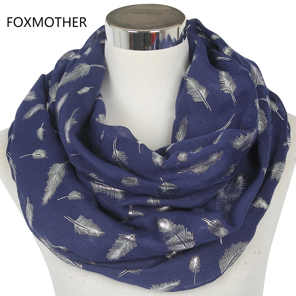 FOXMOTHER Free Shipping Fashion Womens White Navy Yellow  Bronzing Foil Silver Feather Ring Scarves Neck Scarf Glitter Foulard