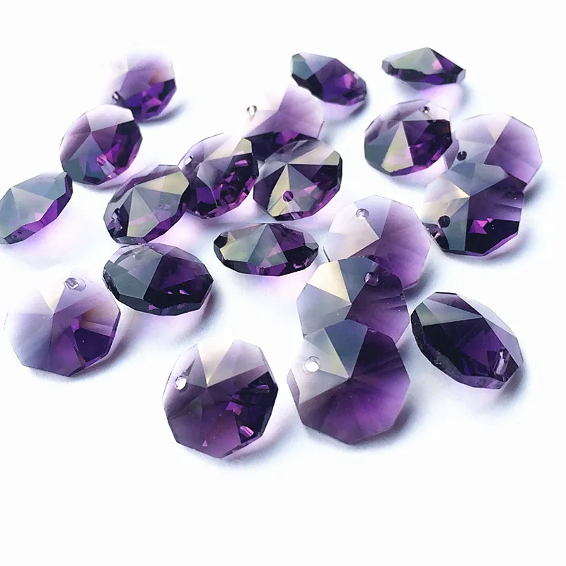 Hot Selling 100pcs/lot 14mm Violet Crystal Octagon Beads in One Hole For Chandelier Accessories Glass Beads Curtain Supplies