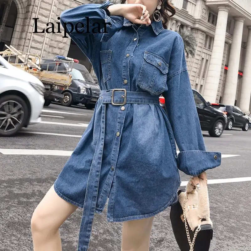 

Laipelar denim shirt dress blue sash turn down collar long sleeve solid pocket mini short dress high street autumn