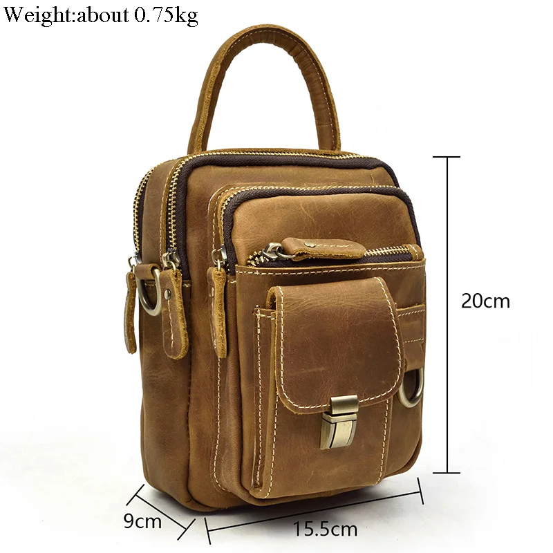 Crazy Horse Genuine Leather Men Shoulder Bag Cowhide Double Zipper Pockets Multifunctional Messenger bag Vintage mini handbag