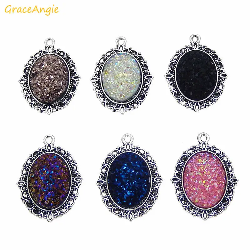 GraceAngie 10pcs/lot Resin Faux Druzy Cabochons Pendant Shiny Charms Connector Random Color Necklace Bracelet making Accessory