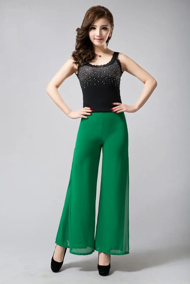 Nova chegada sólida chiffon duplo deck calças compridas calças de dança das mulheres calças cruzadas alta qualidade 5xl ol casual calças largas perna