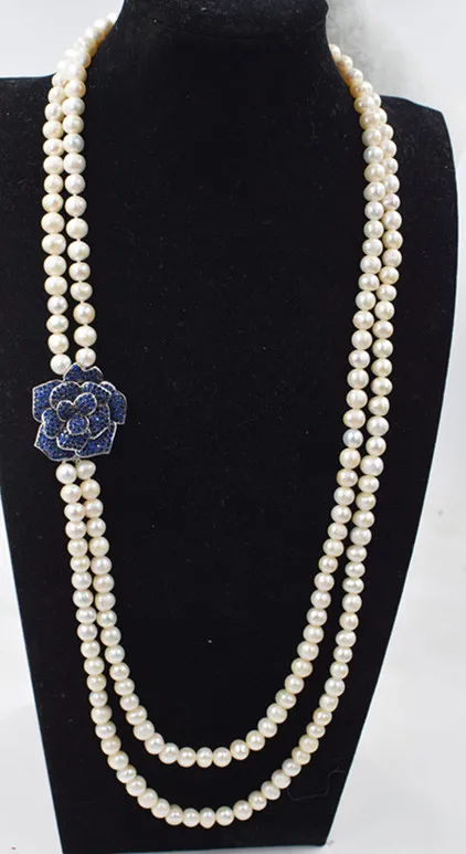 

2rows freshwater pearl necklace white near round 8-9mm blue flower pendant 30" nature beads FPPJ wholesale