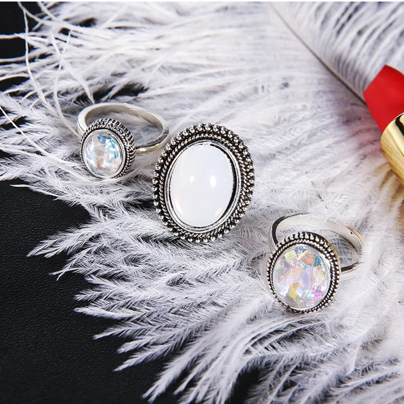 BOHO Big Opal Stone Colourful Midi Rings Set For Women New Design Retro Silver Color Vintage Finger Knuckle Ring Set Jewelry