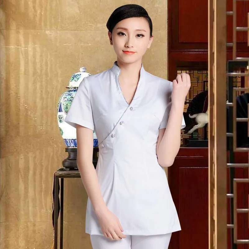 Health Club Work Clothing Female Teahouse Waitress Clothes Beauty Salon SPA Uniform 2piece Set Embroider DIY Logo Uniforms