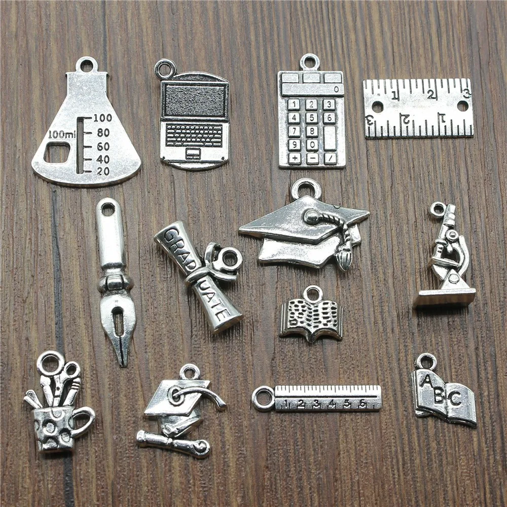 20pcs Antique Silver Color School Supplies Book Charms Bachelor Cap Charms Doctor Hat Pendant Graduation Charms