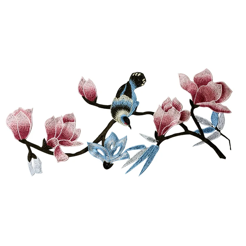 Large Size Magnolia Flower with Bird Embroidered Patch Sewing Applique Clothes Shoes Bags Decoration Patch Apparel DIY Patches
