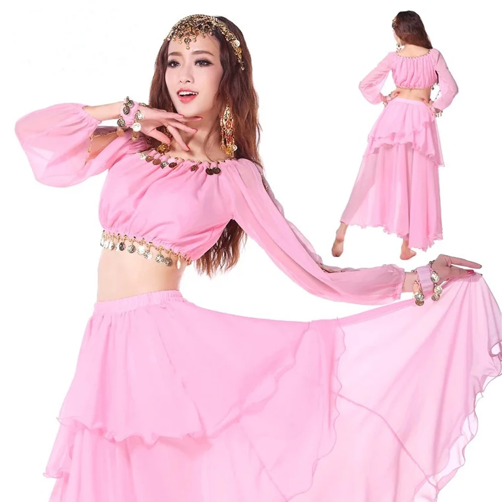 Trajes de danza del vientre de la India, ropa de baile indio, Tops y falda, 2 uds.