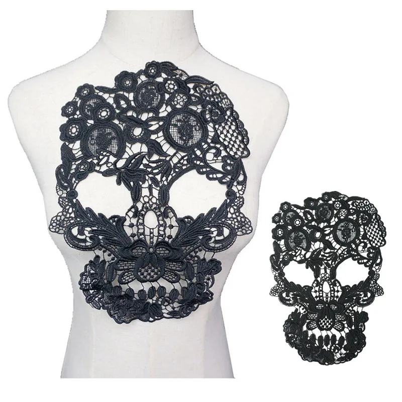 31CM Black Embroidered Skull Collar Appliques Gothic Punk Rock Lace Trims Sew Patch For Wedding Evening Dress DIY