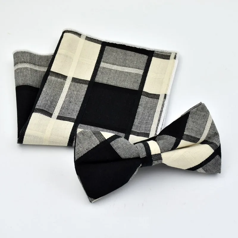 Cotton Bow Tie Set Handkerchief for Man Plaid Pocket Square Dress Shirt Striped Bowtie Hanky Satin Bowknot Accessory