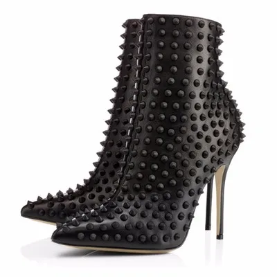 Sexy Black/red Full Rivets Studs Leather Pointed Toe Ankle Boots Stiletto Heels Solid Boots Women Street Dress Zip Short Bottine