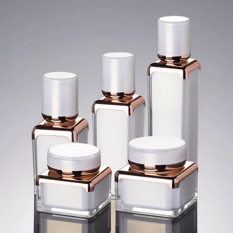 15ml 30ml 50ml Elegant Square Shape Acrylic Bottle Jar Lotion Pump Bottle Pearl White Rose Gold 30g 50g Acrylic Cream Jar