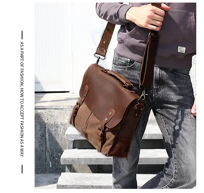 Vintage men\'s canvas messenger bag horse crazy leather man soft  bags school bag man\'s  lock military  hangbags messenger bags