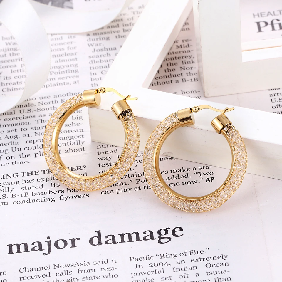 BORASI Gold Color Stainless Steel Shiny Crystal Earrings Fashion Circle Round Crystal Big Dangle Earrings Engagement For Women