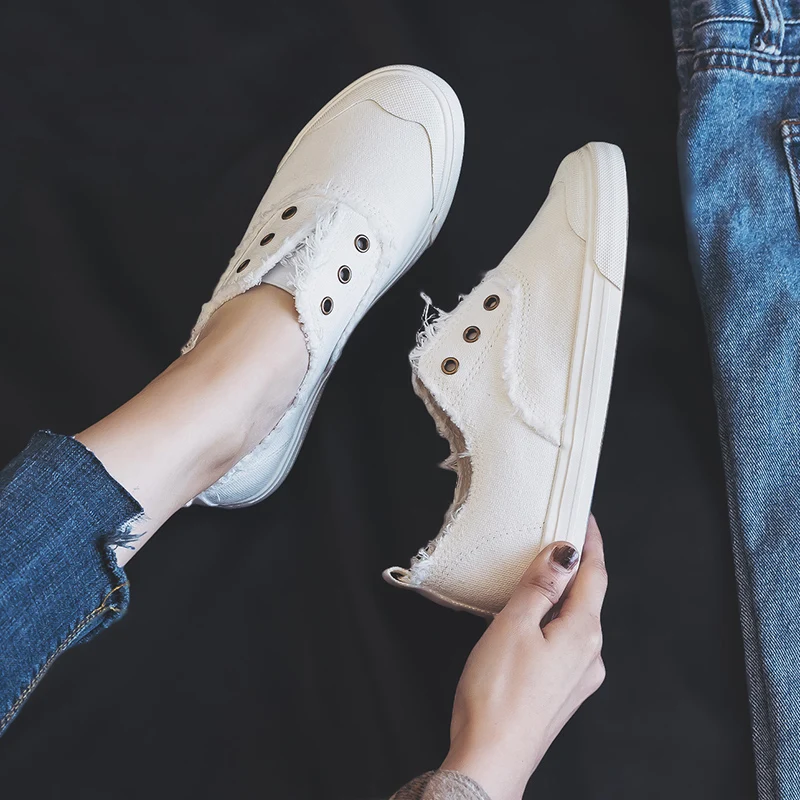 Women Loafers White Concise Basic Style Solid Color Slip on Lady Spring Vulcanized Shoe Canvas Cloth Sneakers Nice Quality 35-40