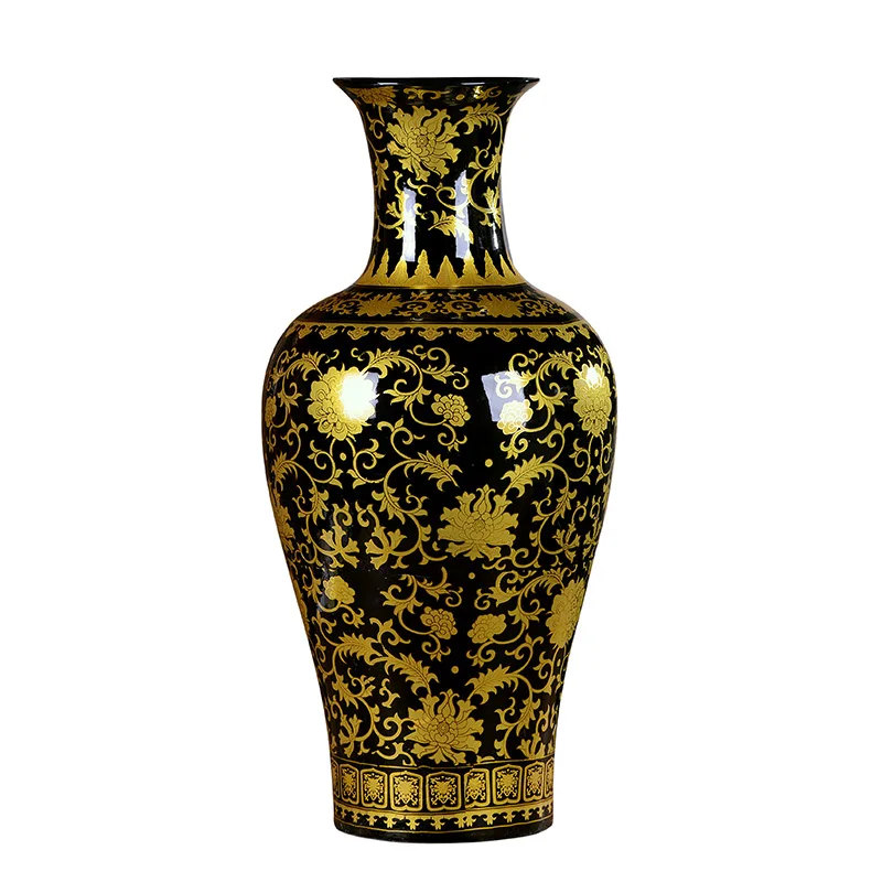 Jingdezhen Enamel Fishtail Vase Ceramic Black Golden Antique Large Vase Home Furnishing Articles Sitting Room Large Floor Vases