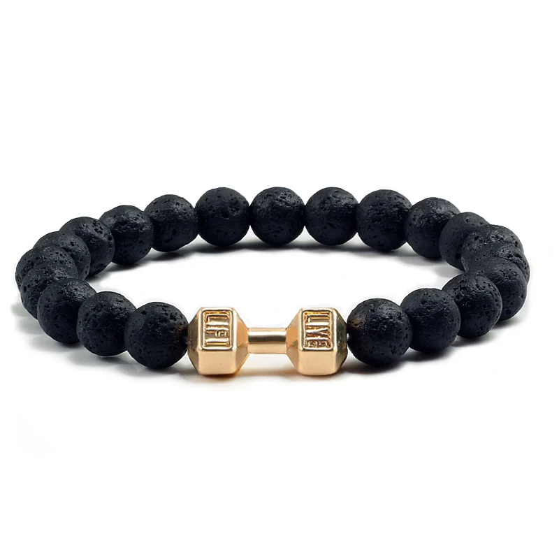 Natürliche Vulkanstein Armband Männer Matte Schwarz Lave Weiße Perlen Charme Hantel Strang Armbänder Frauen Barbell Fitness Schmuck