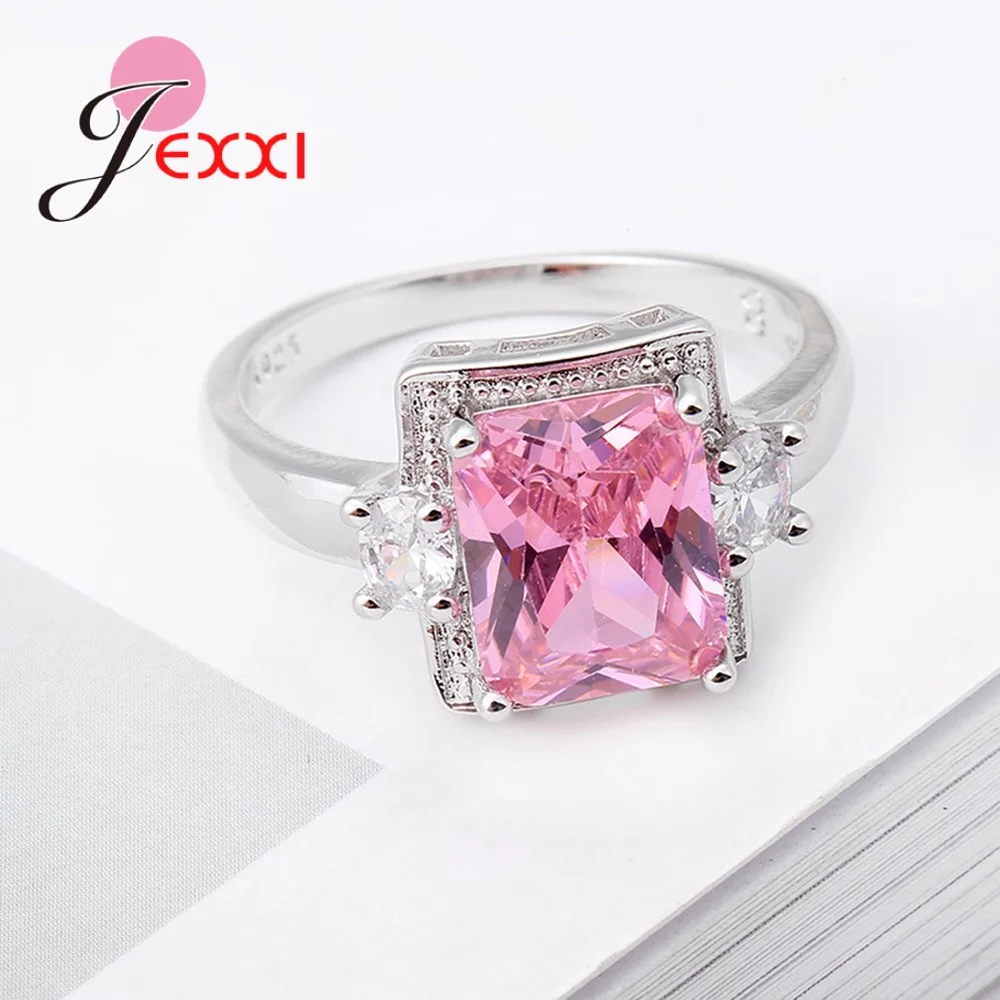 Latest Beautiful Shinning Pink Square Cubic Zirconia Fashion Romantic Classic 925 Sterling Silver  Rings For Girls/Women