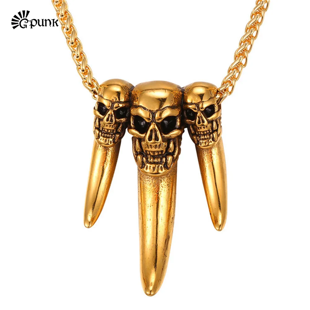 Stainless Steel Steampunk Antique Skull Wolf Tooth Pendant Necklace for Men Women Hip Hop Jewlery Birthday Gifts for Friends