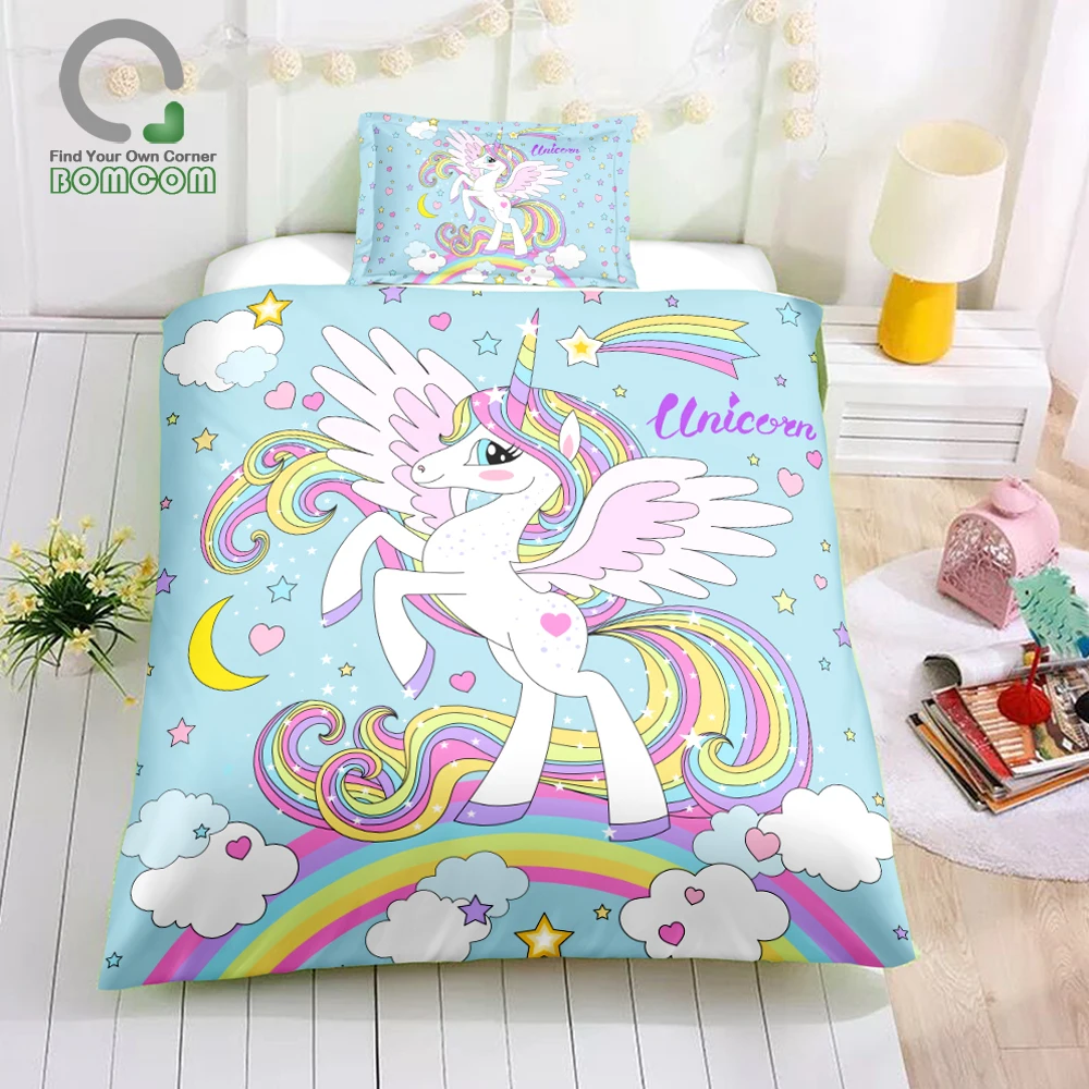 BOMCOM Unicorn Duvet Cover Set Gifts for Teens Unicorn Lovers Winged Unicorn Iridescent Hair Rainbow Shooting Star Bedding Set