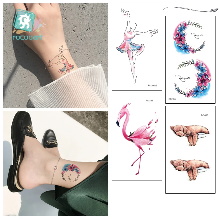 Rocooart Flamingo Tattoos Hands Temporary Tattoo Stickers Cute Cats Taty For Female Flower Fake Tatoo Body Art Tatuajes Temporal