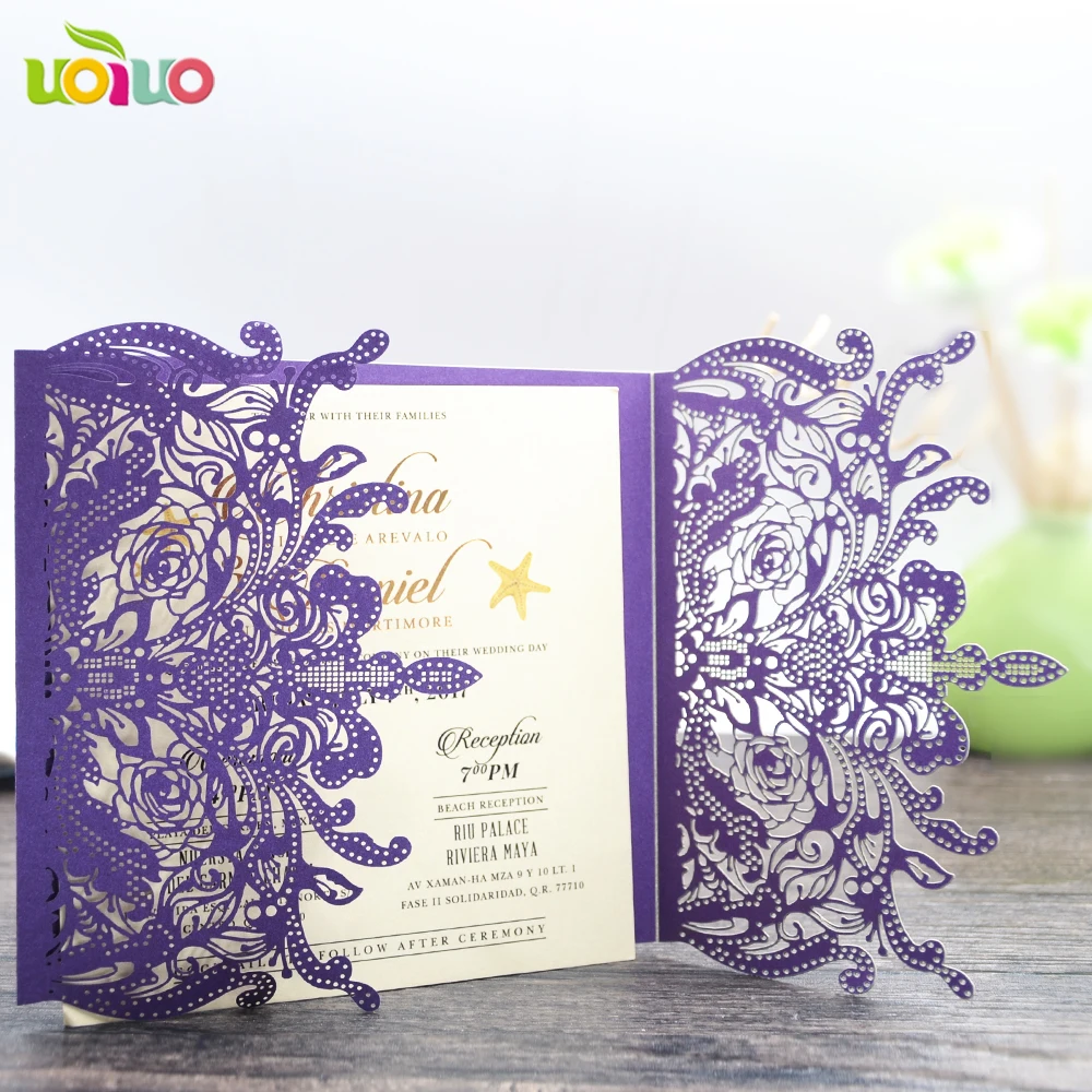 

50set inc31 purple hollow laser cut wedding invitation cards European style invitation cards with crown